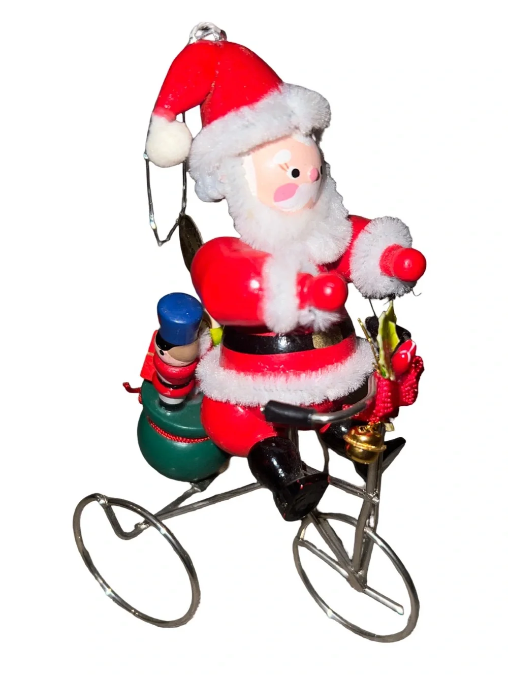 Vtg 1983 Kurt Adler Santa Claus Riding Bicycle Wooden Christmas Ornament